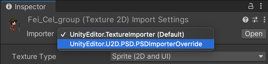 Select the PSD Importer in the Inspector to see options for handling the file.