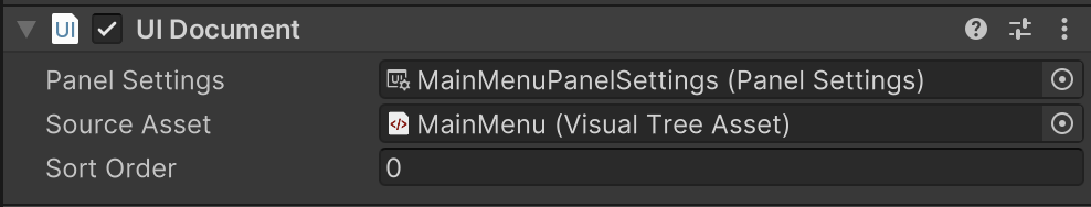 GameObject Inspector showing UI Document component with Panel Settings and Visual Tree assets.