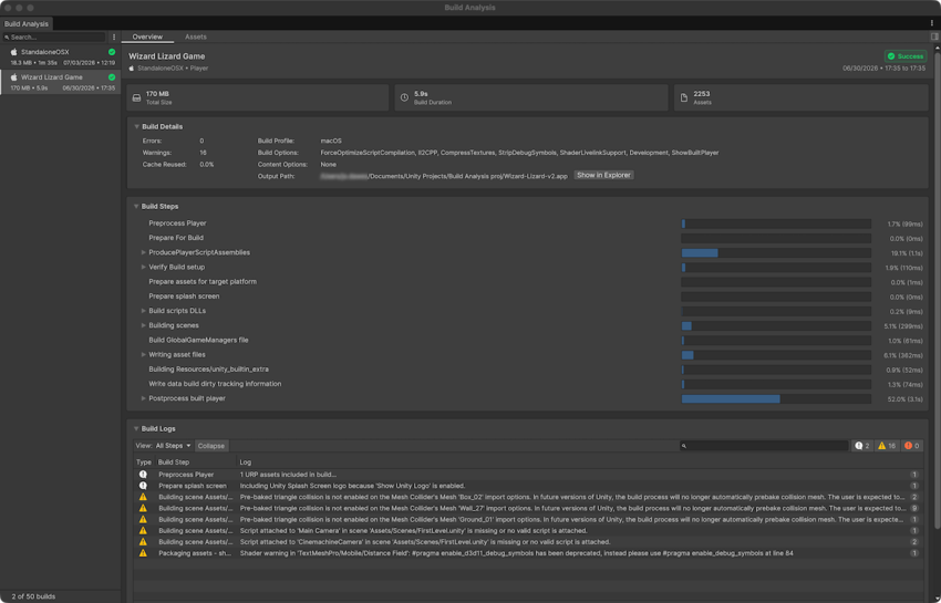Build Analysis window with some build data open in the Overview tab.