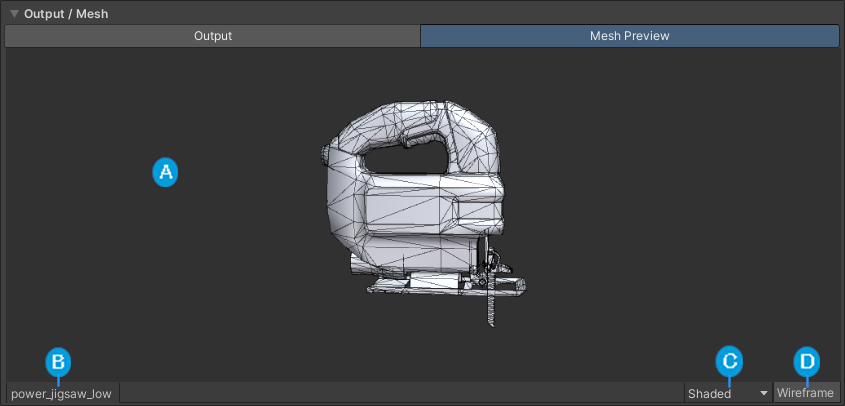 The mesh preview tab displaying the power jigsaw mesh from the URP sample scene.