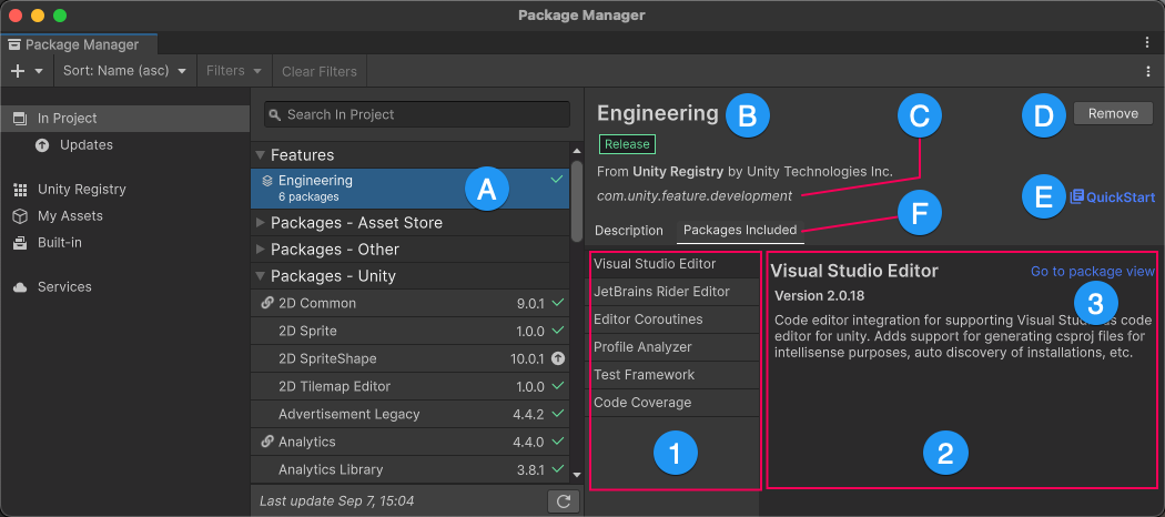 For a feature set, the details pane shows a brief description, a link to the QuickStart guide, and a list of included packages