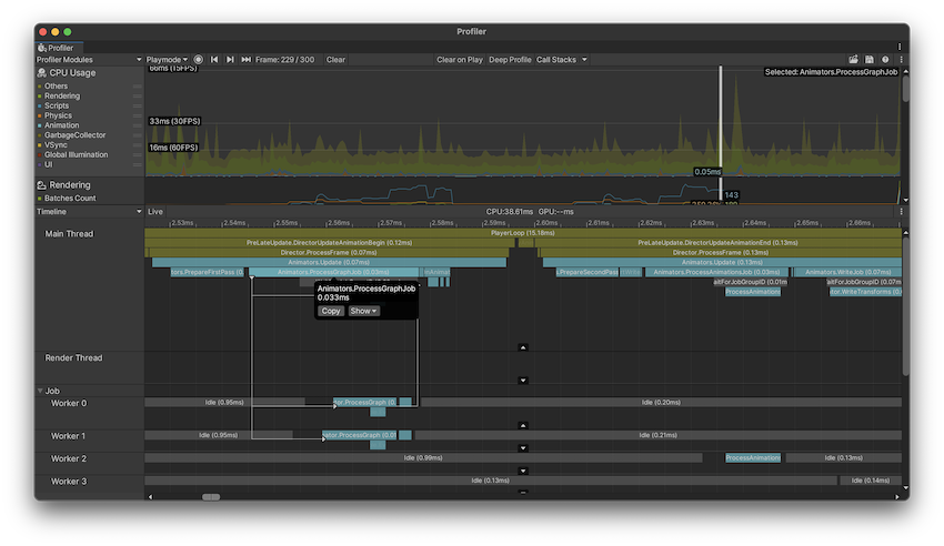The Timeline CPU Profiler view with Flow Events enabled and a sample selected.