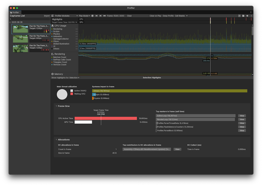 The Profiler window with the Highlights module selected.