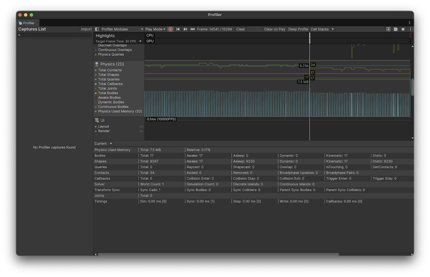 Profiler window with the Physics 2D module selected.