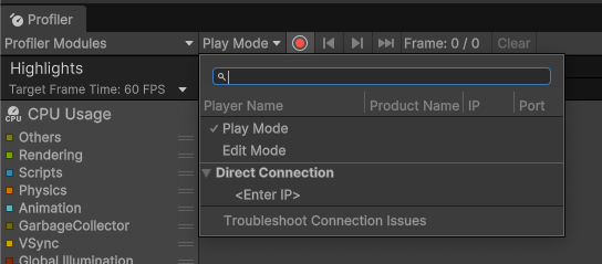 Profiler windows Target Selection dropdown