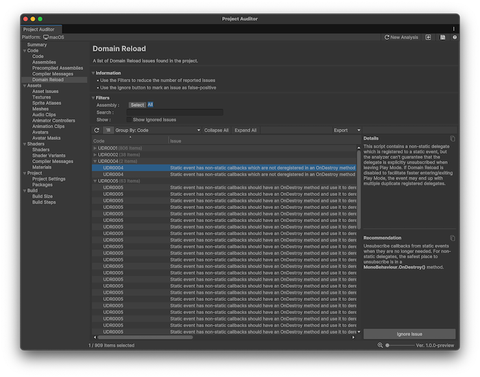 Project Auditor window with the Domain Reload view open