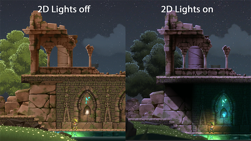 These two images show the same scene; in the image on the left, 2D Lights are disabled, and in the image on the right, 2D lights are enabled. With 2D Lights, you can use the same Sprites to create different weather conditions or moods.