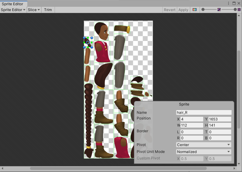 Multiple Sprites that make up the parts of a character, displayed in the Sprite Editor