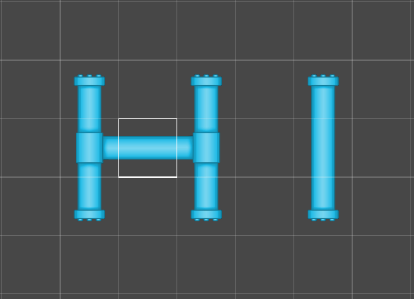 The Scene view with a result of the scriptable tile example in context, with pipes joined together.