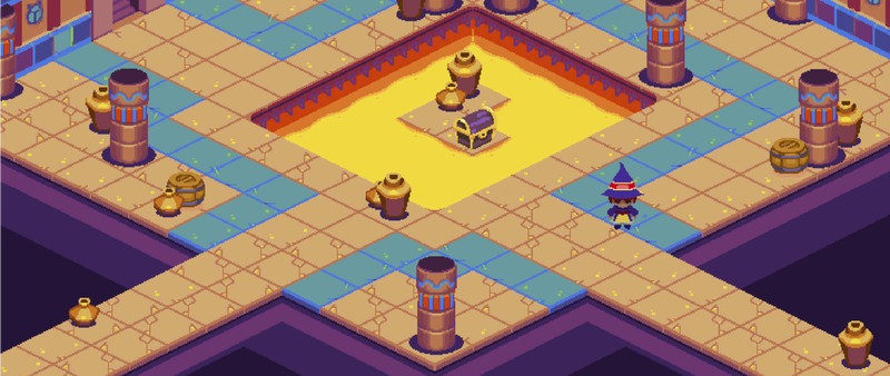An example of an isometric tilemap. A desert-like temple environment with a witch character.