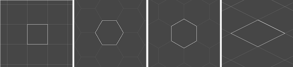 A rectangular tilemap, a flat top hexagonal tilemap, a point top hexagonal tilemap, and an isometric tilemap
