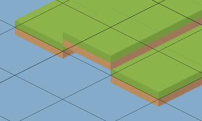 A floor of green isometric tiles. The tiles on the left and right have their pivot point set higher, so the ground aligns with the isometric tilemap cells.