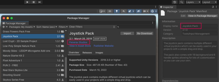 The publisher name in the Package Manager window (left) and the package name in the Inspector window (right)