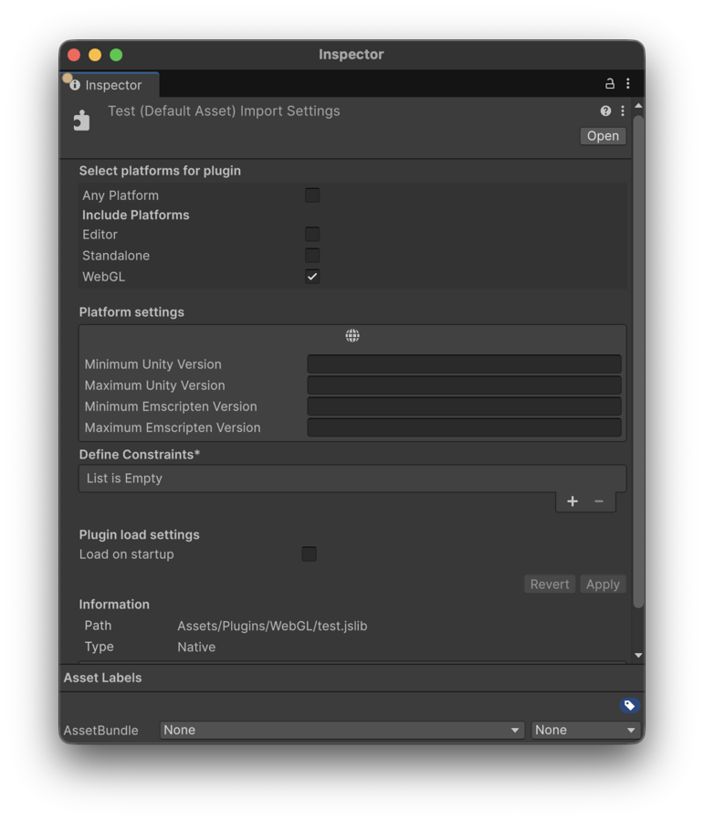 Settings for a JavaScript plug-in on the Web platform.