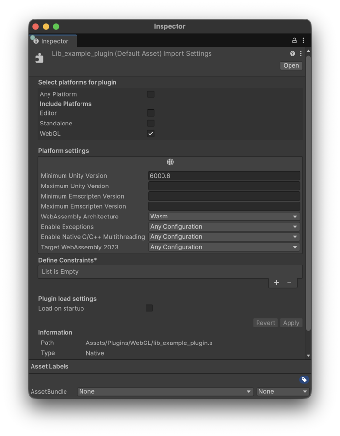 Settings for a native plug-in on the Web platform.