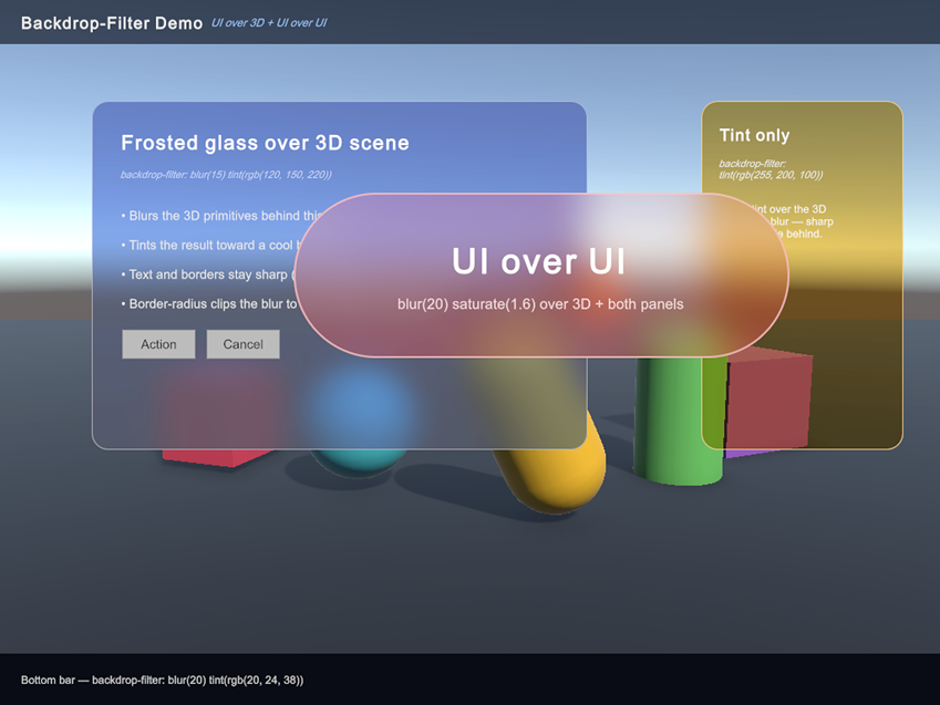 Examples using backdrop-filter on UI to apply filter effects, such as blur and tint, to the 3D objects and other UI behind them.