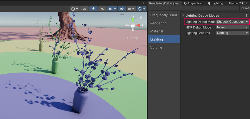 Rendering Debugger > Lighting > Lighting Debug Mode > Shadow Cascades