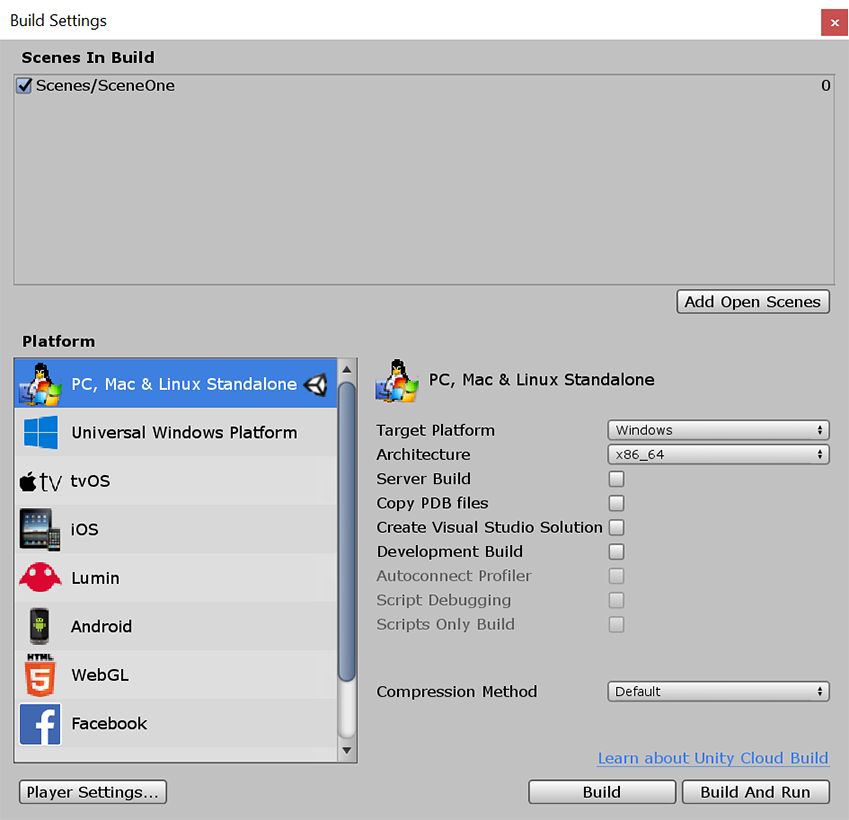 La ventana de los Build Settings con PC, Mac & Linux seleccionado como las plataformas destinos