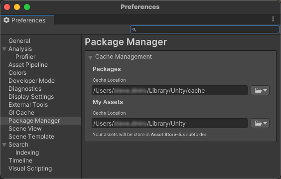 Package Manager カテゴリーが選択された Preferences ウィンドウ
